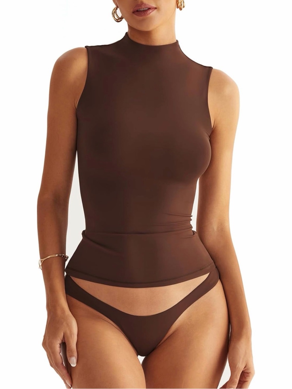 Sleeveless Mock Neck Brown Bodysuit